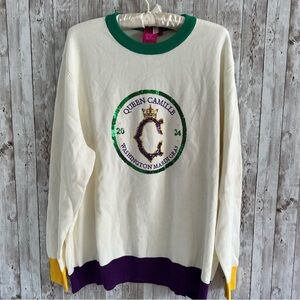 QUEEN OF SPARKLES Mardi Gras Cream Crew Neck Long Sleeve Sweater XXL